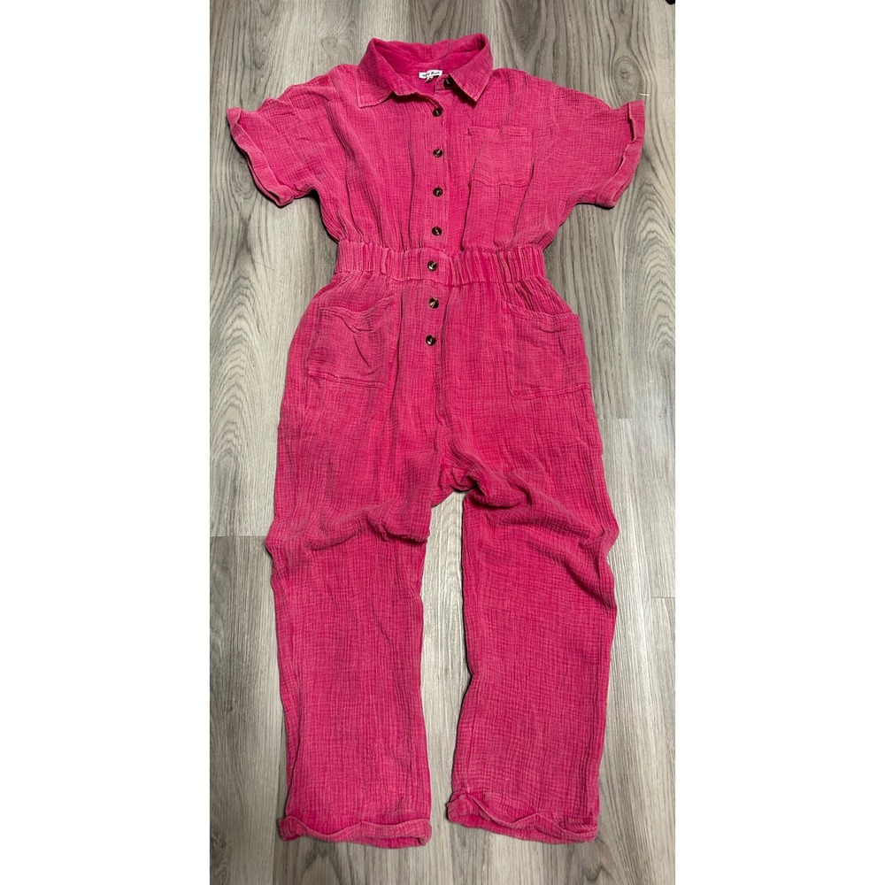 White Birch Womens Cotton Gauze Button Front Jumpsuit L Pink